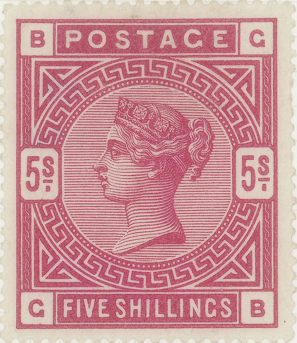 A pink stamp feature the profile of Queen Victoria and geometric patterns.