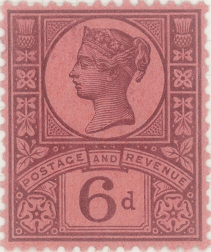 An all pink stamp featuring the profile of Queen Victoria along with flowers and leaves.