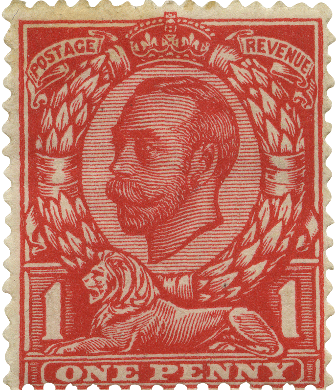 Red stamp featuring the three-quarter profile of King George V and the lion.