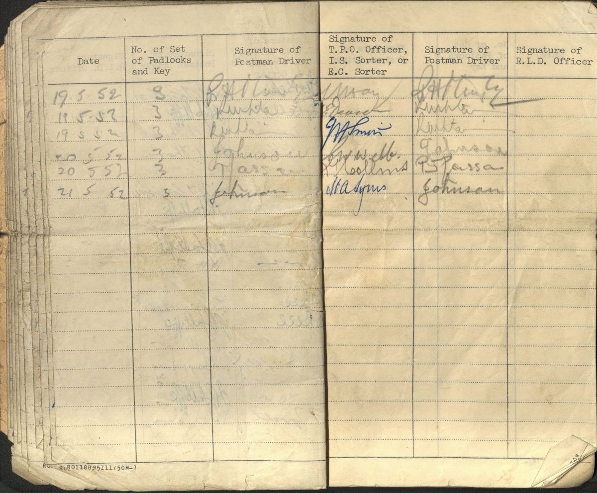 small exercise book with columns showing date, number of padlock or keys, and signatures of staff. The last entry is 21 May 1952