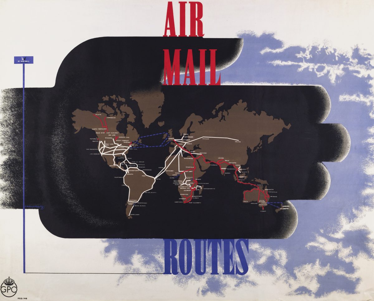 Poster showing worldwide airmail routes.