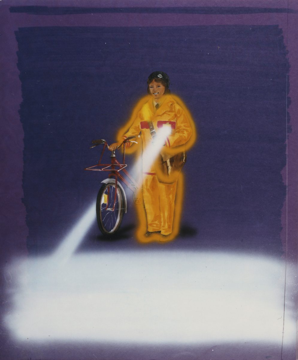 Artwork for a poster showing a postal worker with a bicycle in high vis clothing with a light.