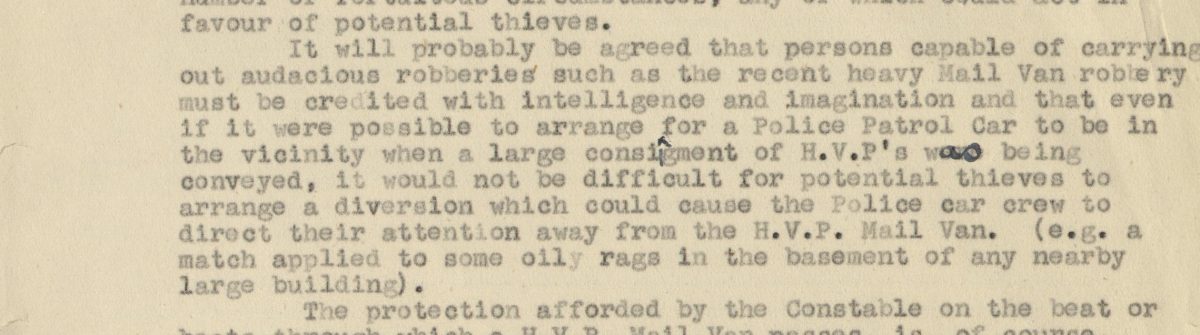 typewritten paragraph stating that ‘persons capable of carrying out audacious robberies such as the recent heavy mail van robbery must be credited with intelligence and imagination