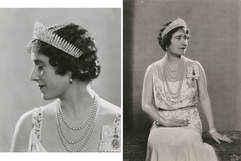 Two black and white images of Queen Elizabeth at different angles wearing a tiara and pearls. 