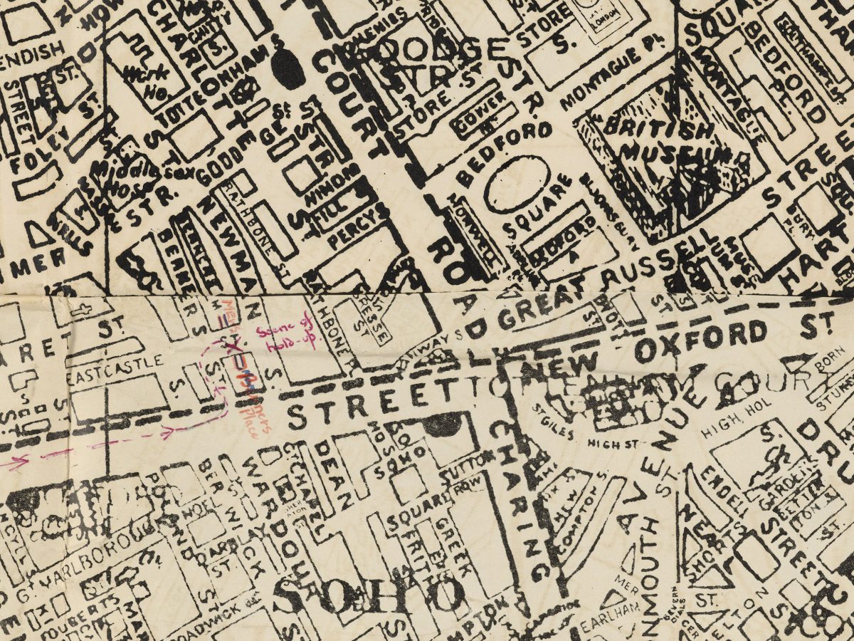 Street map of the central London area with red biro markings indicating the location of the robbery
