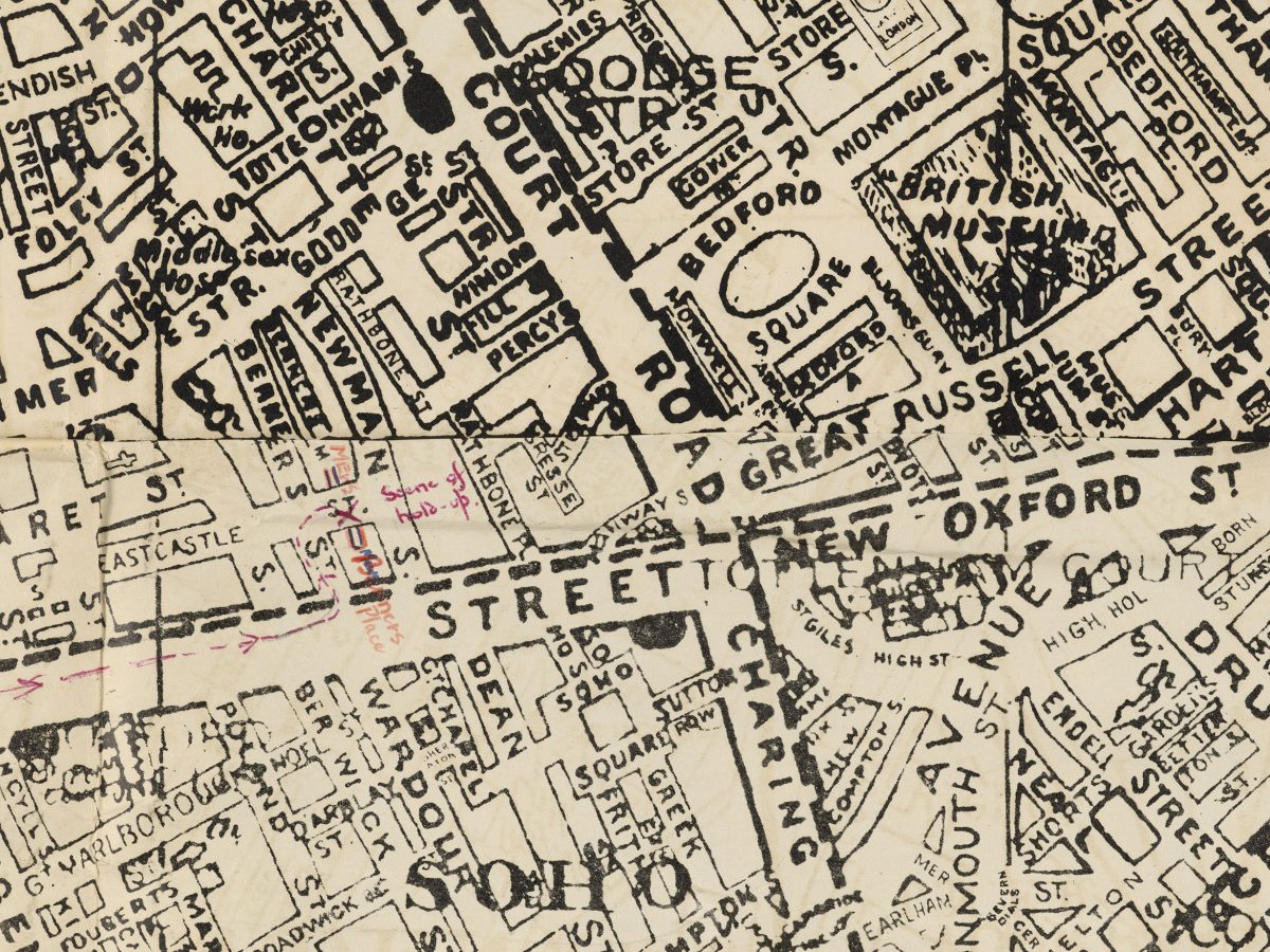 Street map of the central London area with red biro markings indicating the location of the robbery