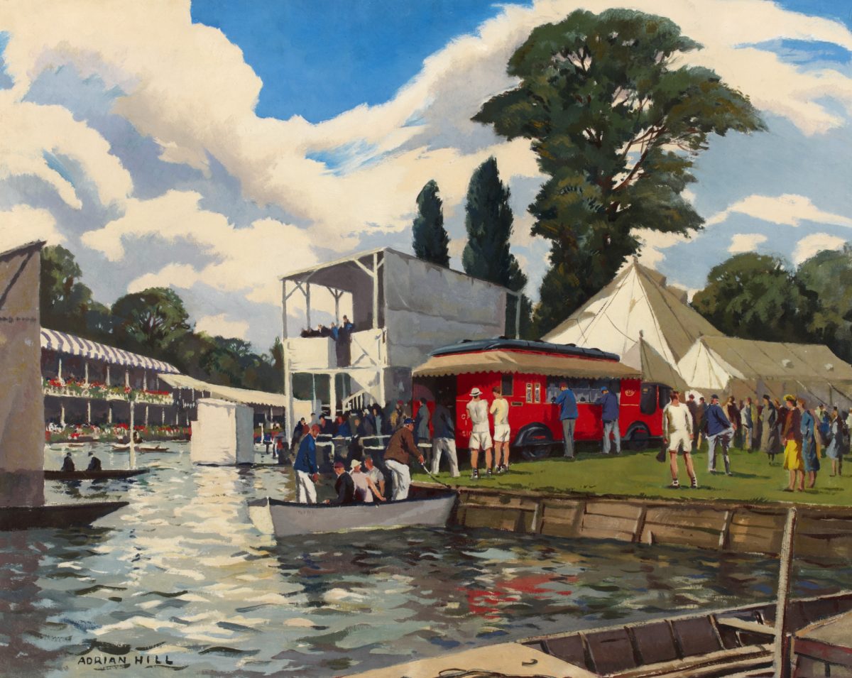 Painting with water and a small boat in the foreground. On the shore is a red Mobile Post Office with customers queuing to use it. Tents and a temporary viewing platform are visible in the background.