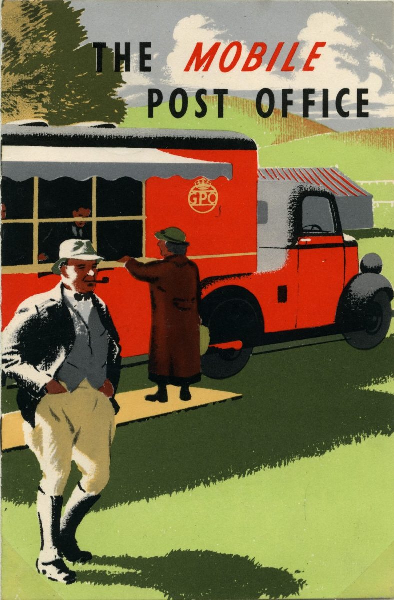 Colour image of a leaflet showing a man in the foreground in a hat and long jacket smoking a pipe. Behind him is red Mobile Post Office with a GPO logo and a customer at the window. Across the top of the leaflet is the text ‘The Mobile Post Office’ the word mobile is in red italics and the other words are in black standard text
