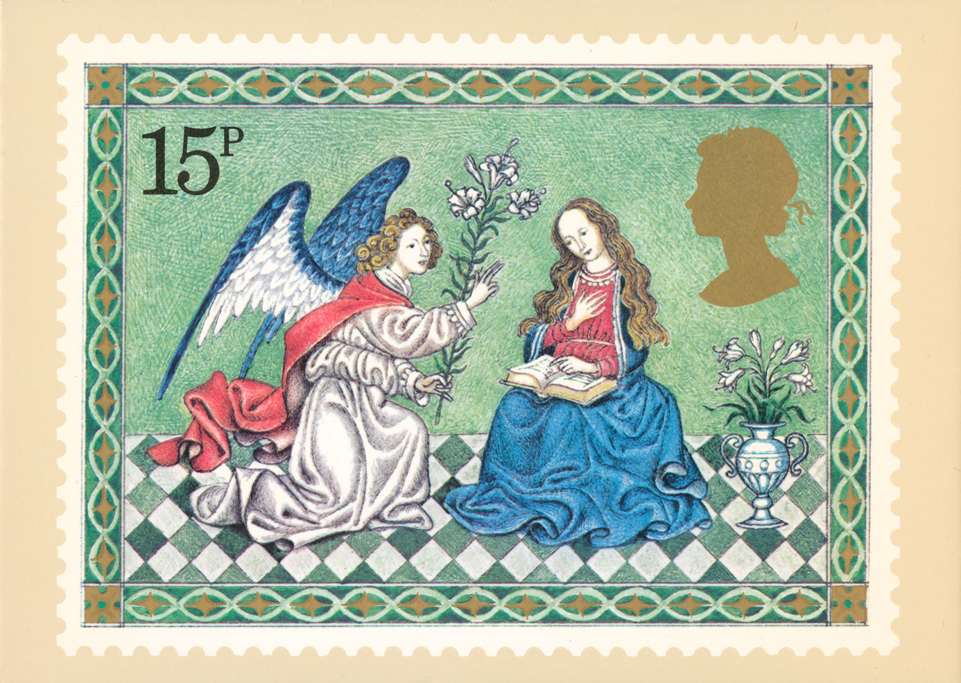 A stamp card depicting a stamp of the annunciation featuring an angel kneeling in front of the Virgin Mary.