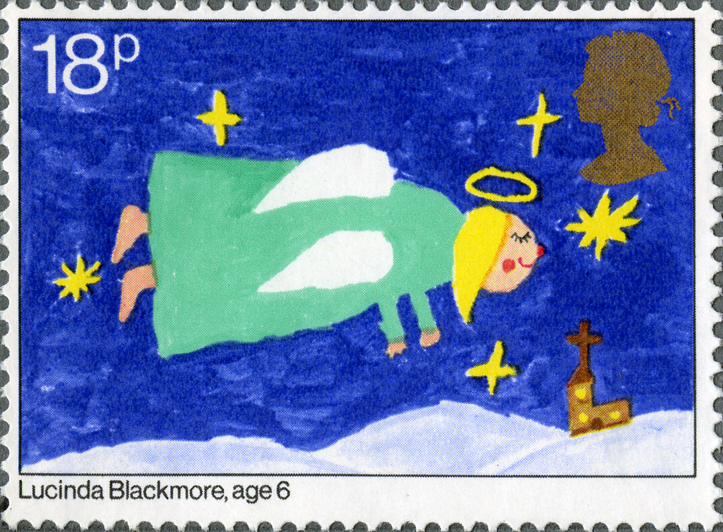 A stamp which depicts a child's painting of an angel flying above a landscape with a blue sky and gold stars.