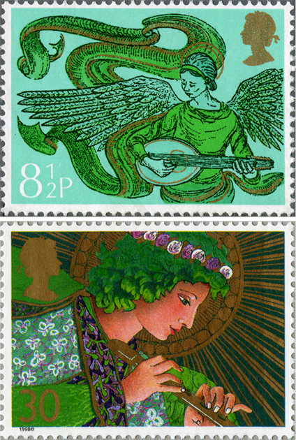 Two stamps showing green angels playing musical instruments. One is playing the mandolin and the other the flute. 