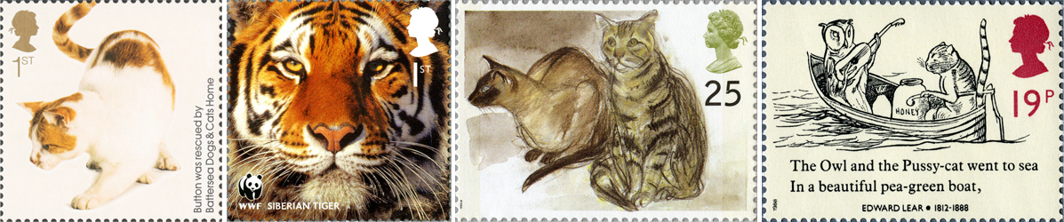 Four stamps of cats including an illustration of the 'Owl and Pussycat' and a close up image of a tiger's face.