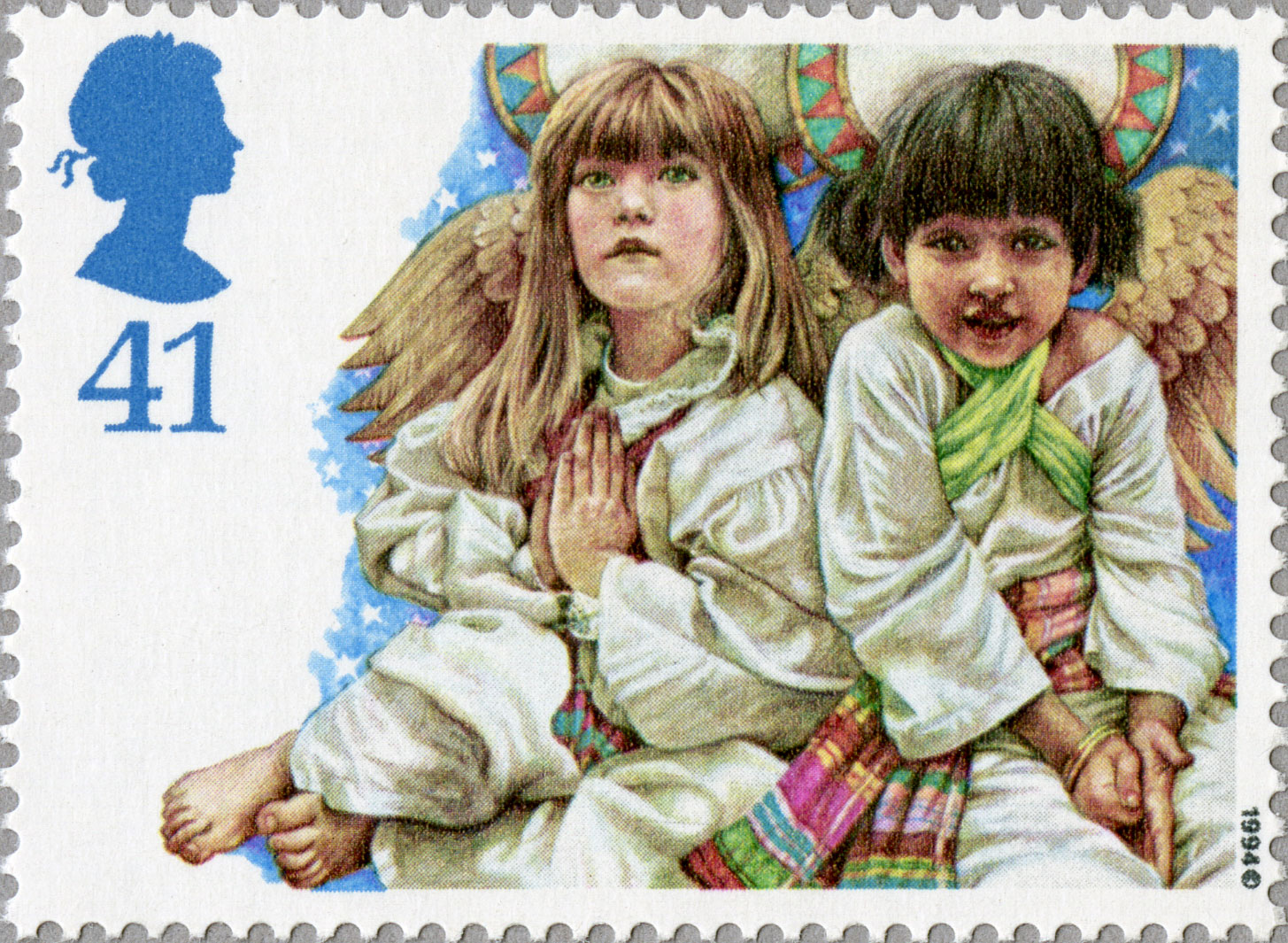 A stamp depicting two small children dressed as angels with wings on their backs. 