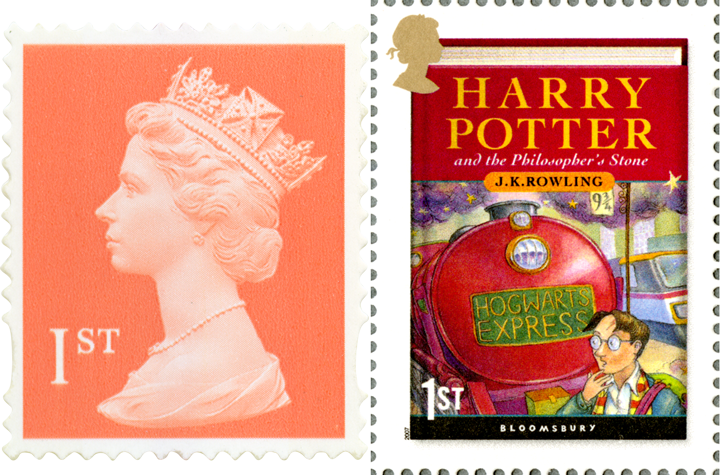 A red first class stamp next to a stamp of the Harry Potter book cover featuring the Hogwarts Express. 