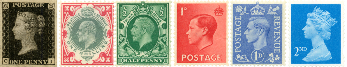 Size stamps each depicting a British monarch from Queen Victoria on the left to Queen Elizabeth II on the right.