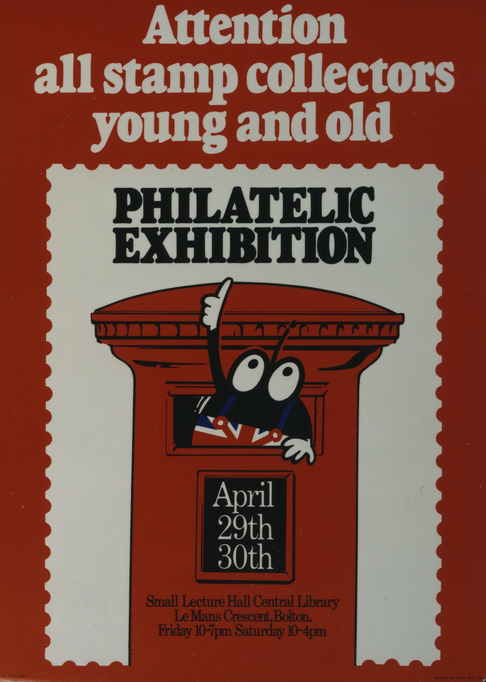 Poster of a bug inside a pillar box pointing at the text 'Philatelic Exhibition'. 