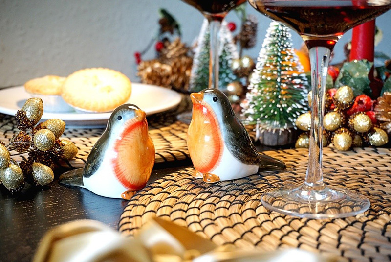 Photo showing Christmas robin-themed ceramic salt and pepper shakers.