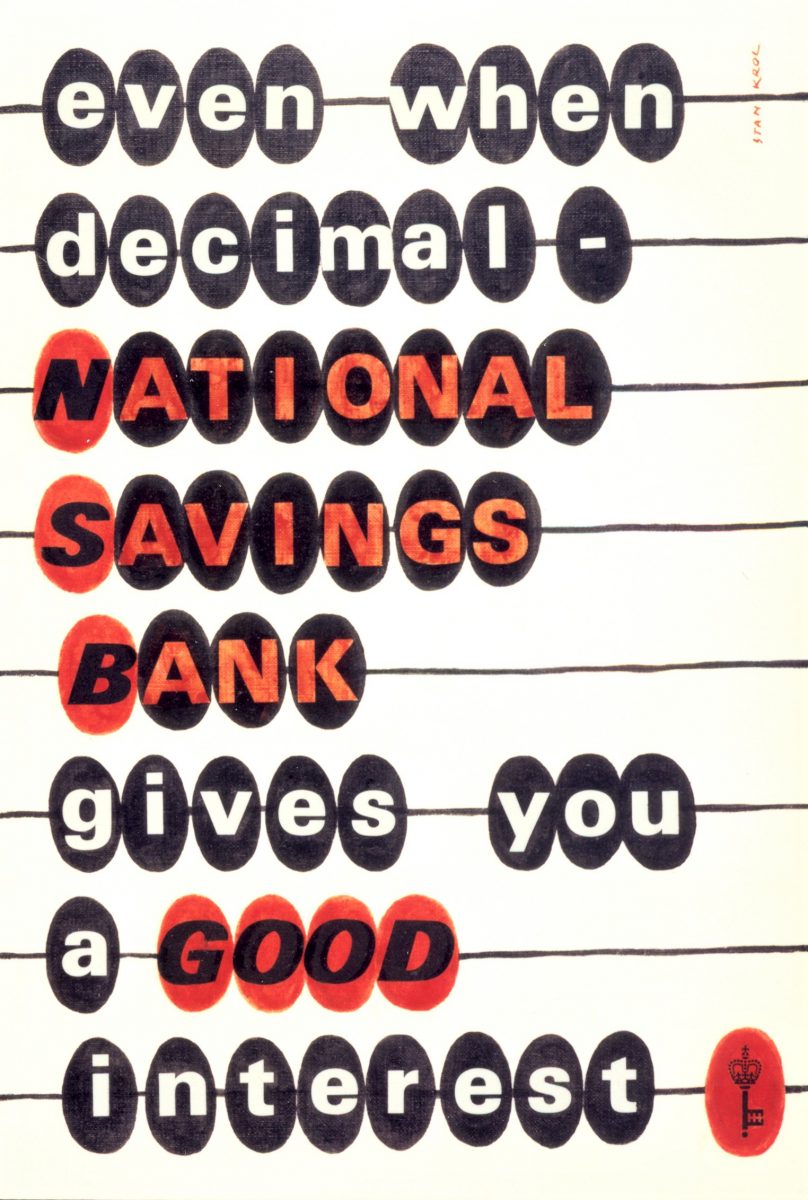 Poster showing eight rows of small ovals with a line going through the middle of the ovals. Each oval has a letter in it, forming the words ‘even when/ decimal/ National/ Savings/ Bank/ gives you/ a good/ interest