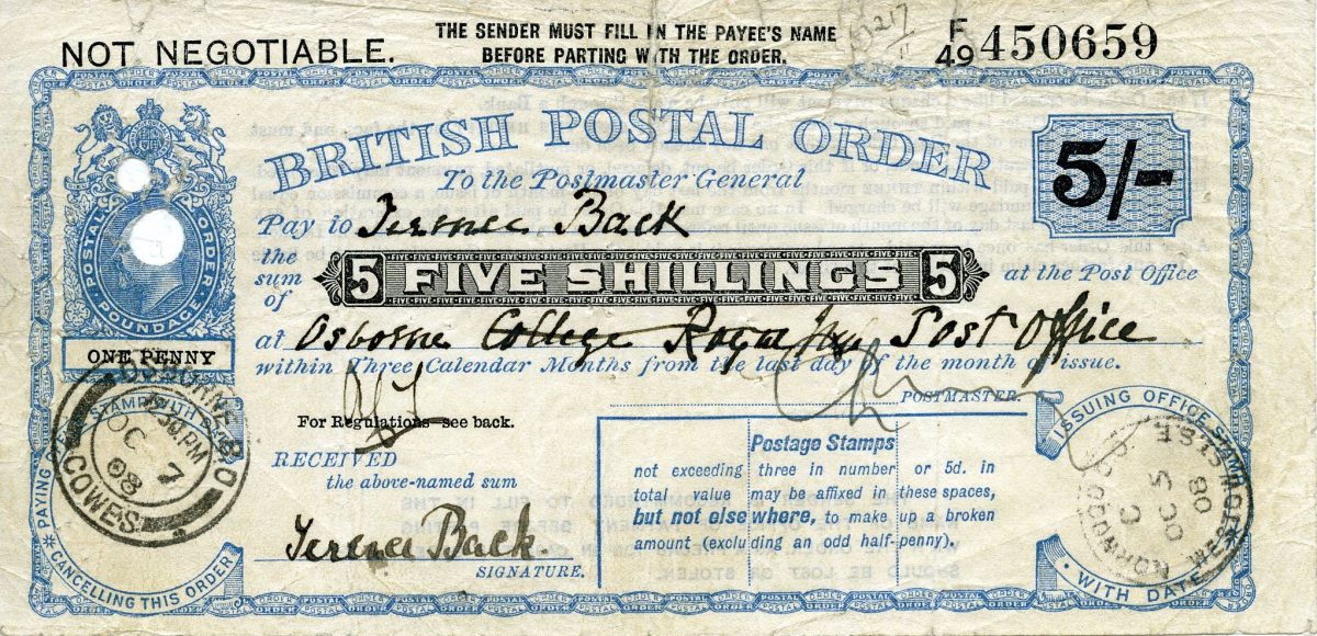 A rectangular postal order. Printed text reads ‘British Postal Order. To the Postmaster General. Pay to [blank], the sum of five shillings, at [blank] within three calendar months from the last day of the month of issue’. Handwritten in black ink is ‘Terence Back’ in the first blank, and ‘Osborn College Post Office’ (partially crossed out) in the second blank. There are circular date stamps in the bottom left and right corners.