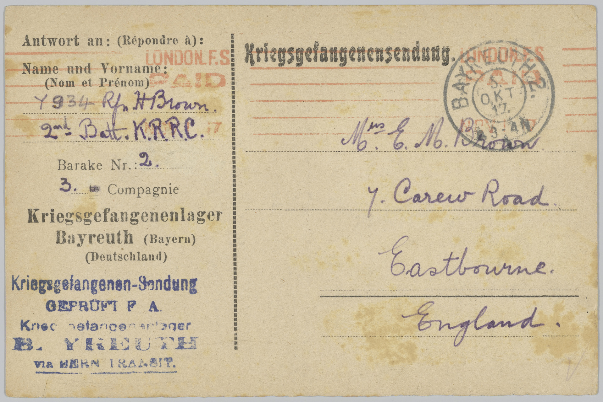 German prisoner of war postcard including the name of the soldier and the address of the recipient. 