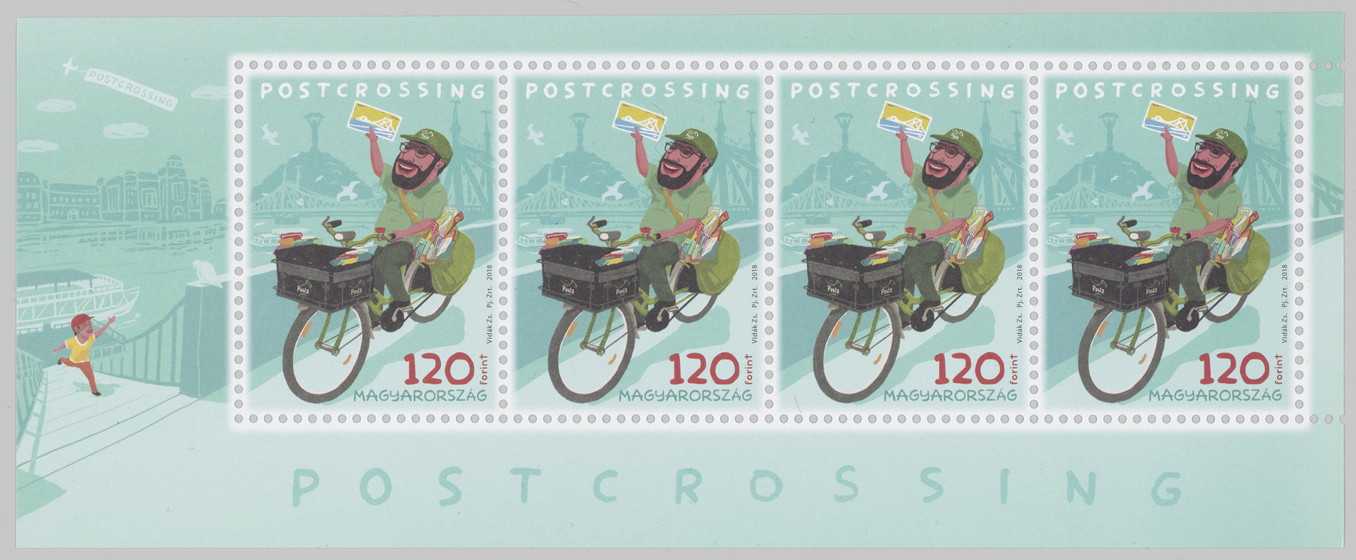 A miniature sheet of four stamps featuring a postal worker on a bike with a postcard in their hand. 