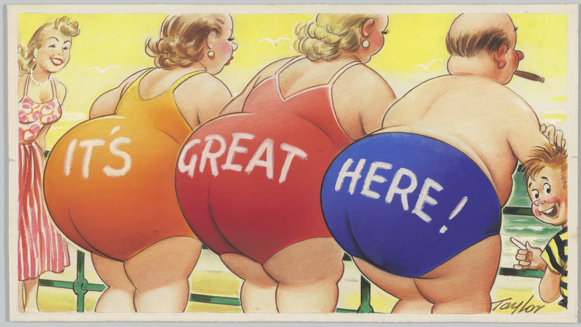 Image of three figures with their backs to the audience. The words 'It's Great Here!' are written across their backsides. 