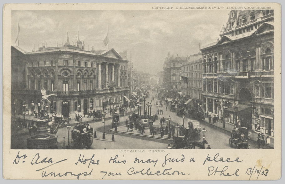 Pictorial postcard of Piccadilly Circus where the sender has written under the image. 