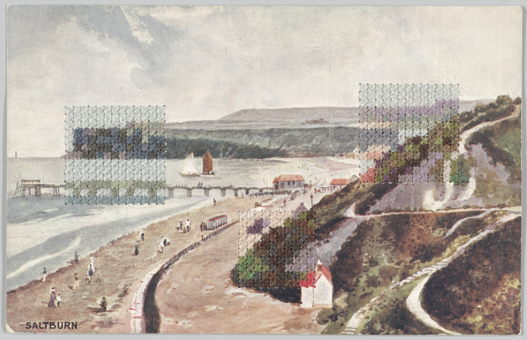 Coloured landscape postcard with three patches of embroidery stitches that mimic the design in colour and layout.