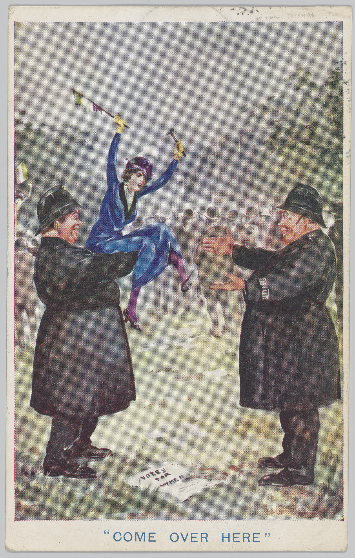 Image of a small suffragette in a blue dress being lifted in the air by a large police officer. 