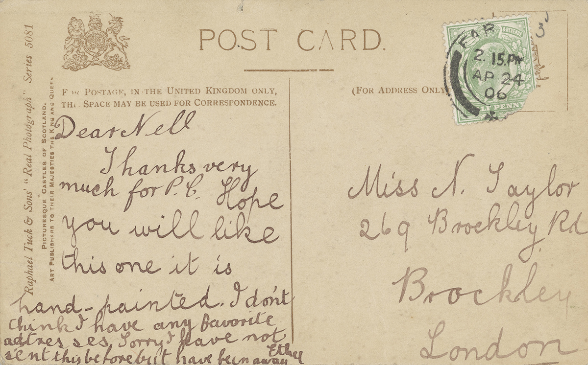 Postcard message thanking sender for the ‘P.C.’ (postcard). 24 Apr 1906, E11885/50