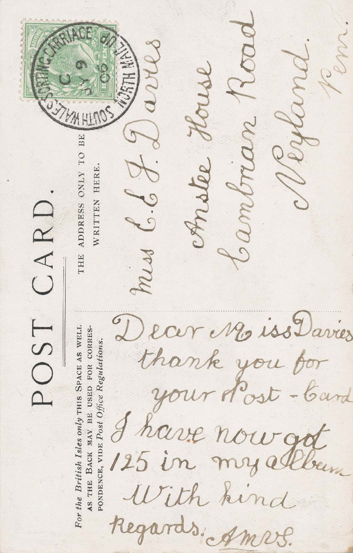 Postcard message referring to their album full of 125 postcards. 9 Jul 1906, PH64ZF/25b