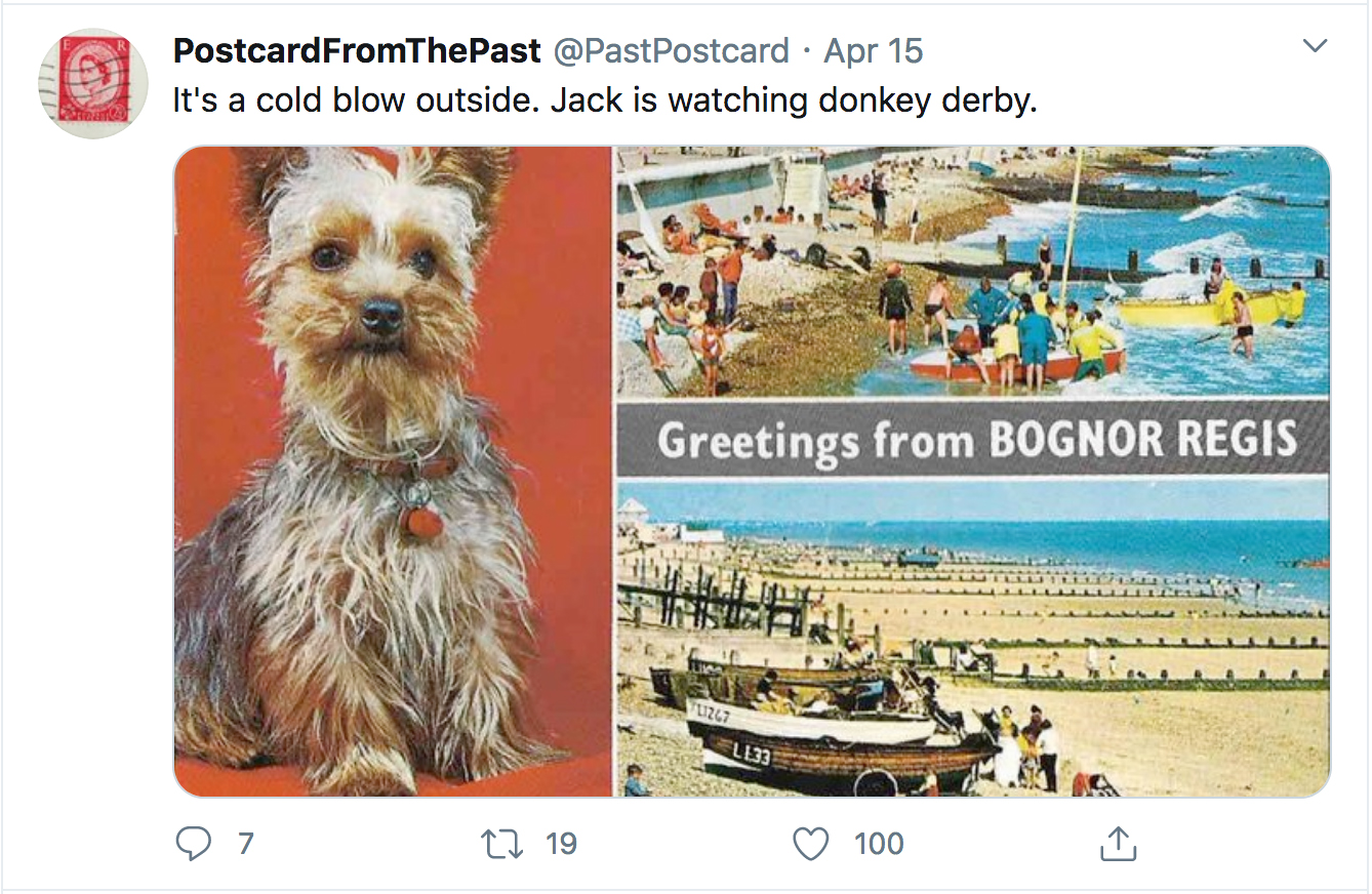 Visual of a tweet featuring a postcard image of Bognor Regis including boats and a dog. 