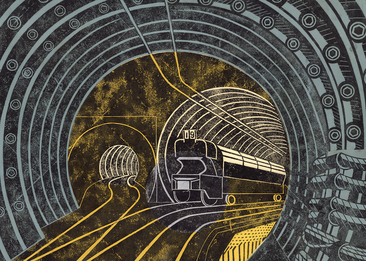 The Postal Museum's most popular postcard featuring the Post Office Railway by Edward Bawden.