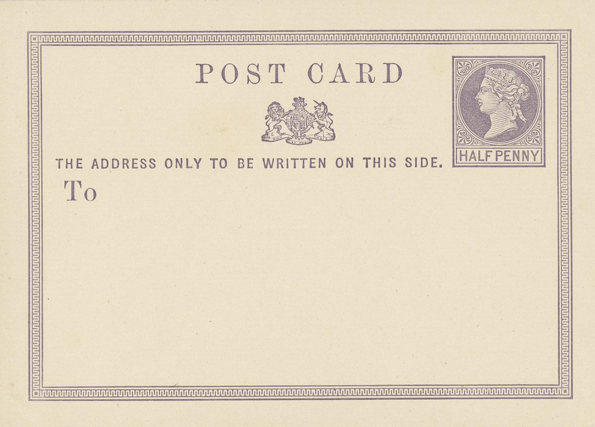 On brown card, this plain postcard has a purple, simple pattern around the edges. The text reads 'Post card' at the top, followed by 'The address only to be written on this side'.