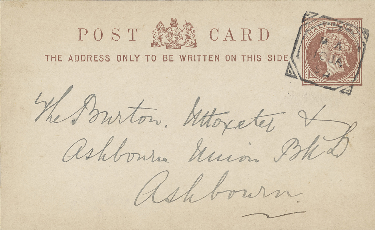 This postcard has red copy, with the same text as the last image. We can see a hand written address in the address section.