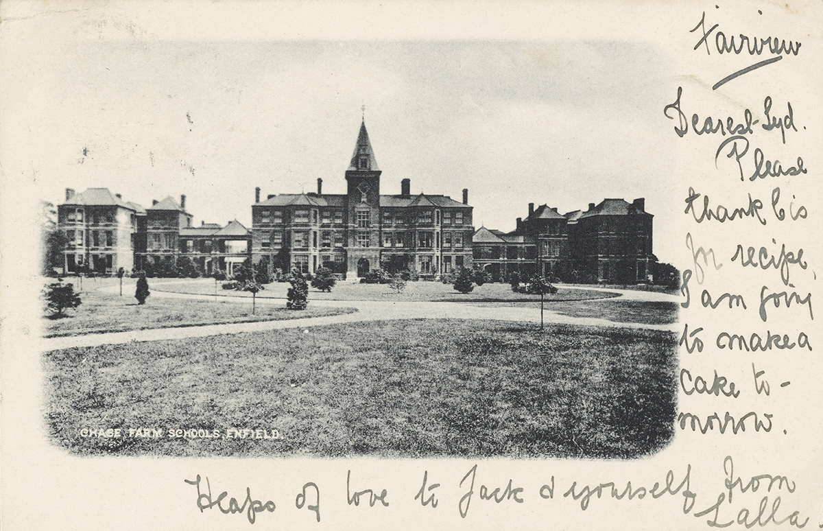 Postcard of Chase Farm School, Enfield with a message written around the image.