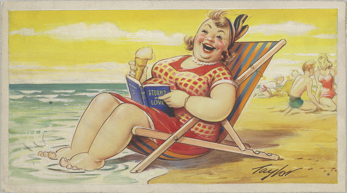 Image of a women in a deckchair on the beach with her feet in the water having an ice cream and reading a book. 