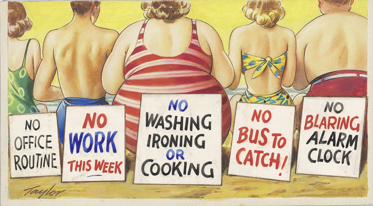 ‘No washing ironing or cooking’ Postcard artwork by Arnold Taylor. c.1960-65, E16367/06 Image credit: © Bamforth & Co