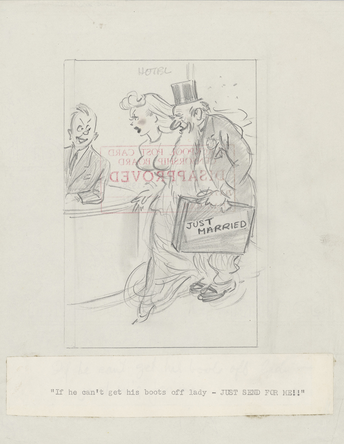 Sketch of recently married couple not approved by the Blackpool Censorship Board, 14 Aug 1958, © Bamforth & Co, on loan from Kirklees Museums and Galleries, E16367/01