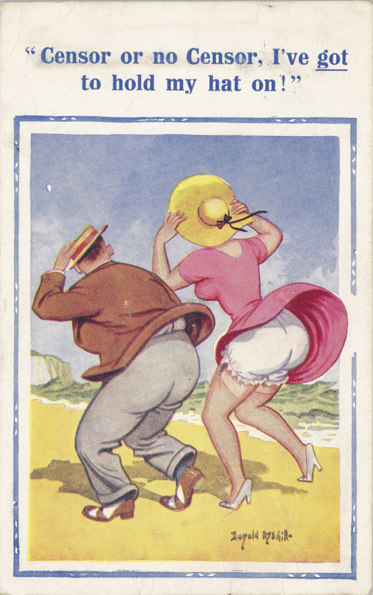 Postcard with an image of a gentleman next to a lady in a pink dress which has been blown up revealing her undergarments.