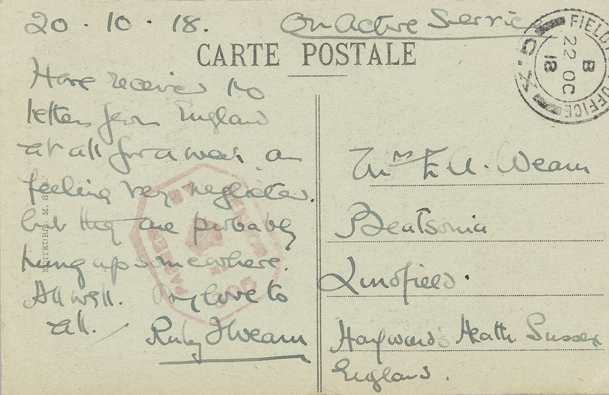 On Active Service Postcard. 22 Oct 1918, PH64I/30a