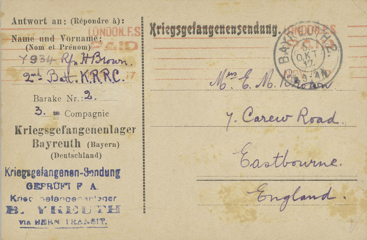 Prisoner of War Postcard from Harry Brown in Bayreuth, North Bavaria. 22 Sep 1917, PH11/14