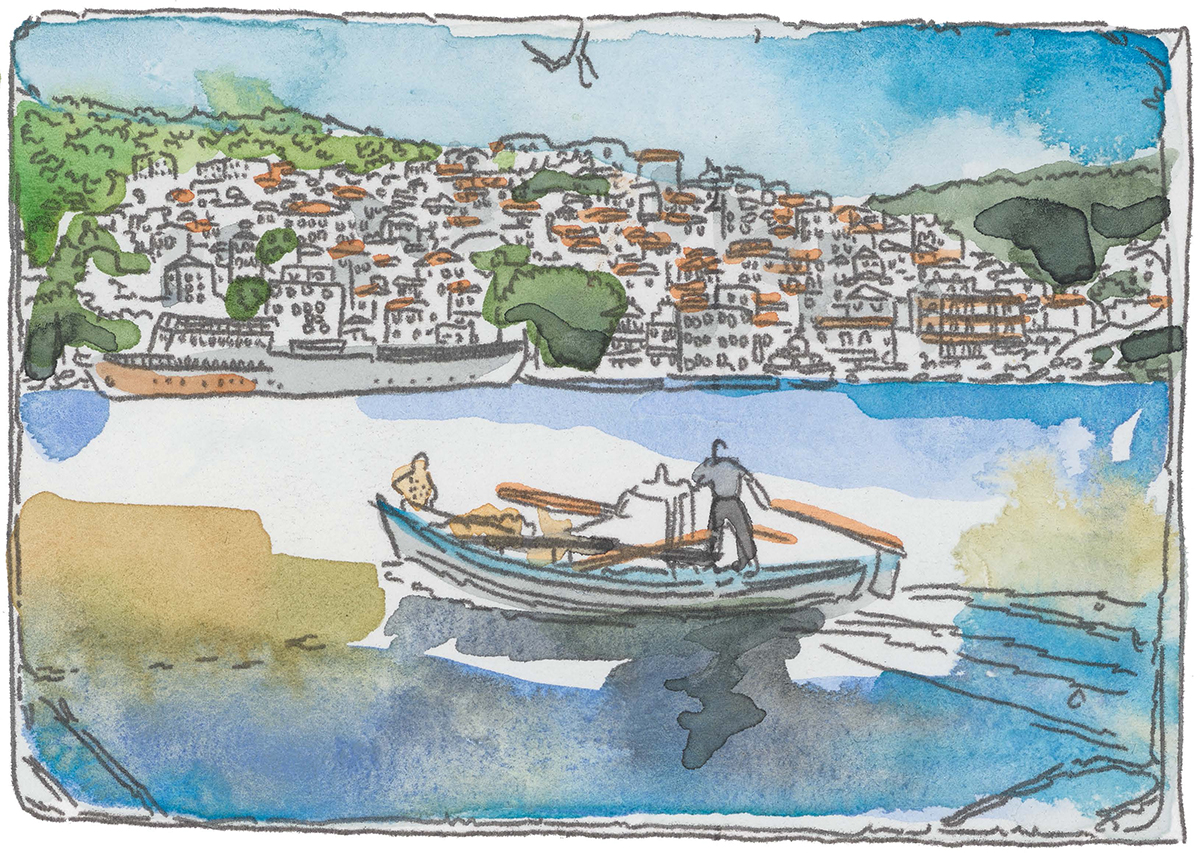 Watercolour of a pictorial postcard of a boat, taken from the repeated pattern, August 2018 ©Emily May