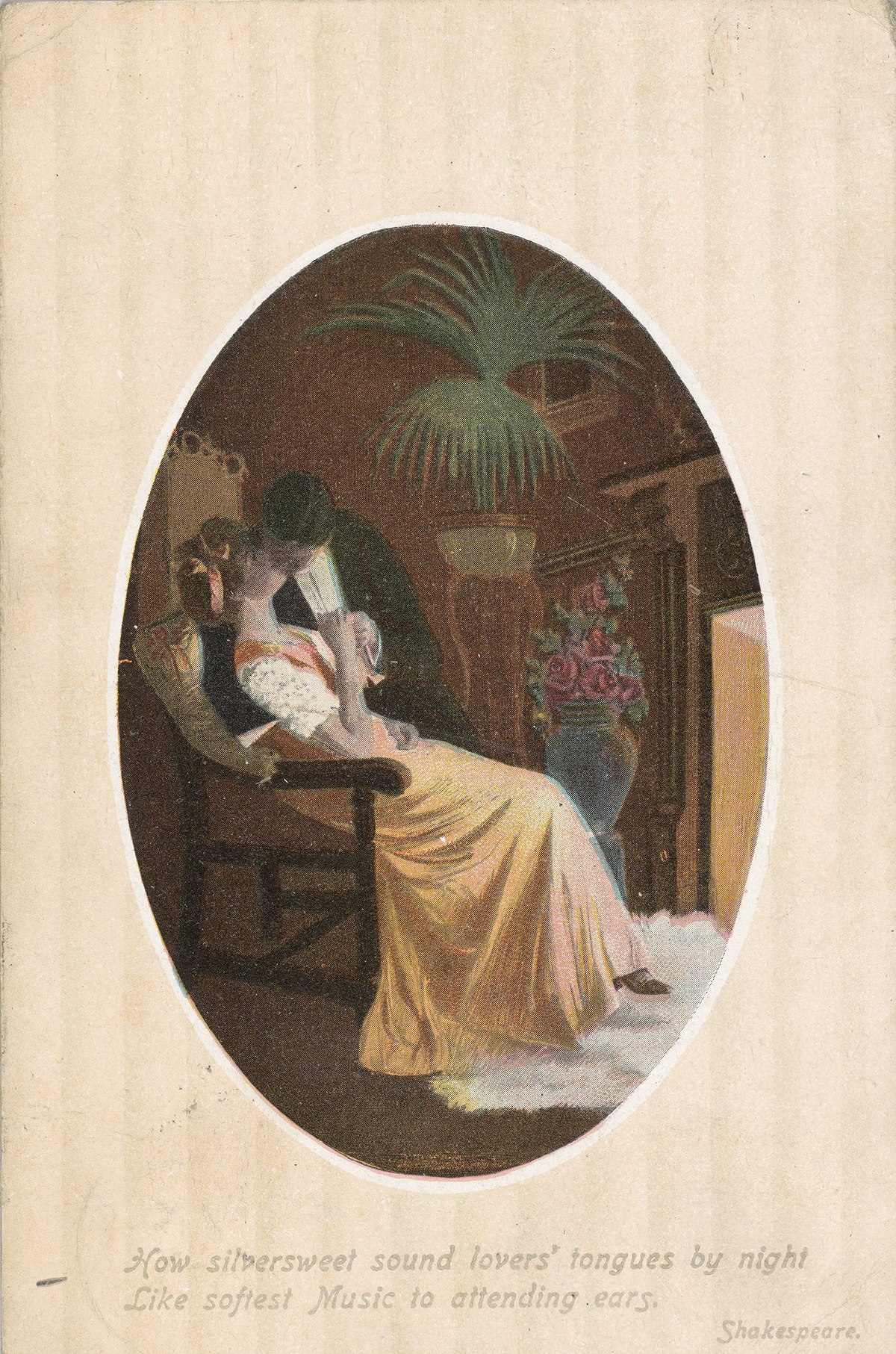 Postcard of a couple kissing with a Shakespeare quote.
