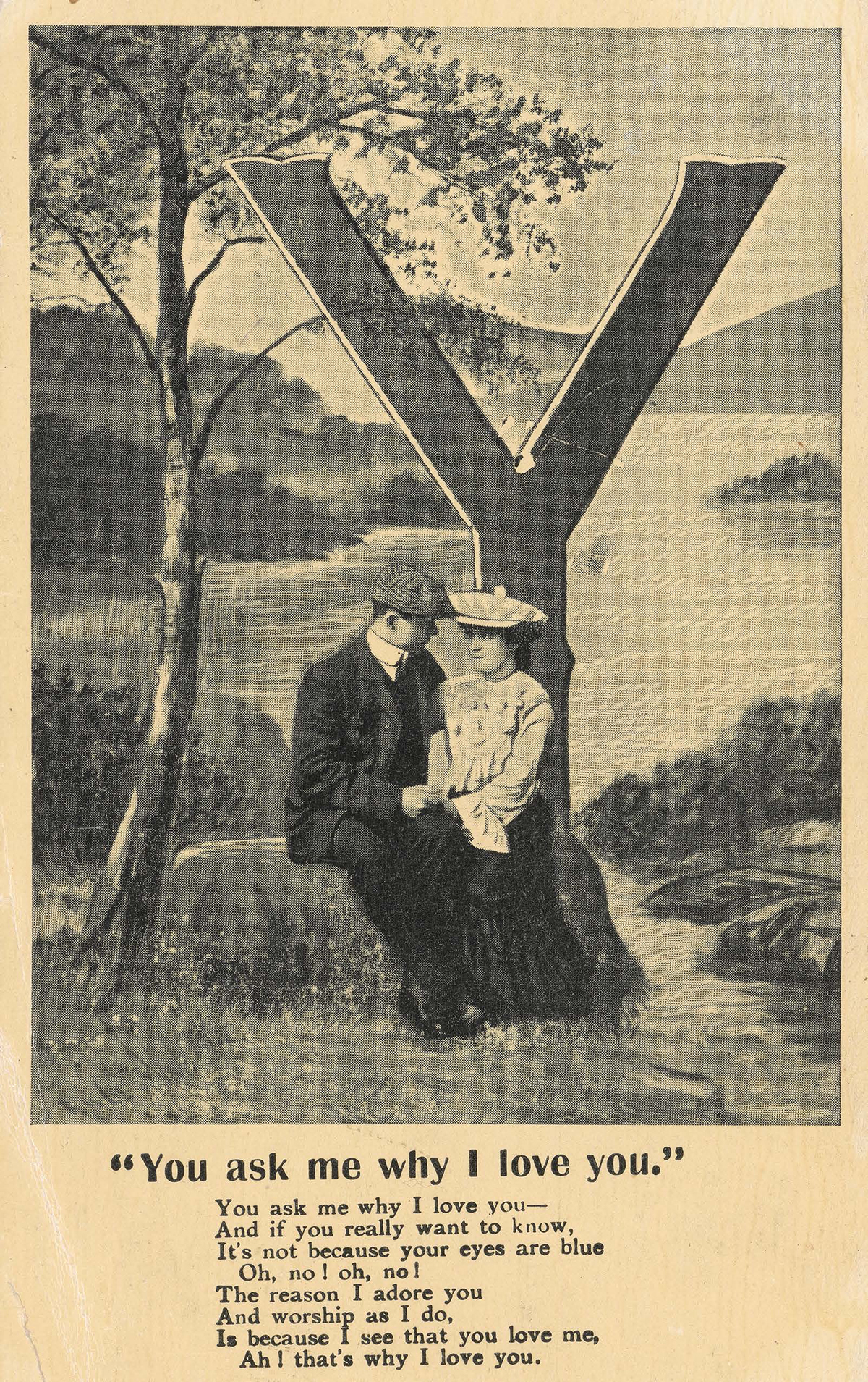 Illustrated postcard with poem ‘You ask me why I love you’.