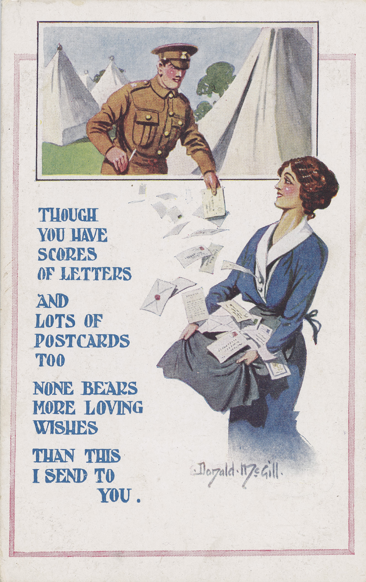 Postcard of a woman collecting post from her soldier sweetheart.