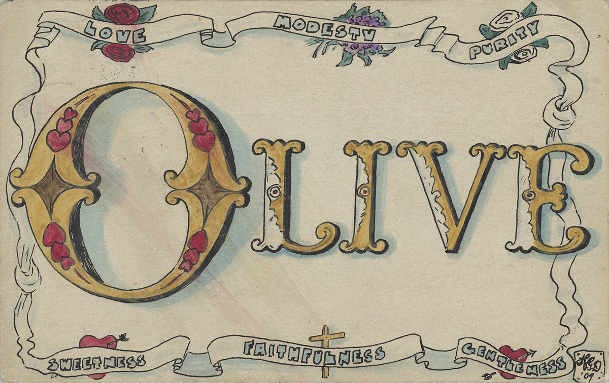 Postcard featuring the recipient’s name in decorative lettering, 22 Jan 1909, 2014-0038/13