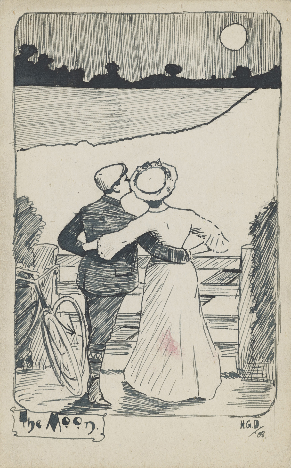 Postcard of a young couple looking up at the moon.