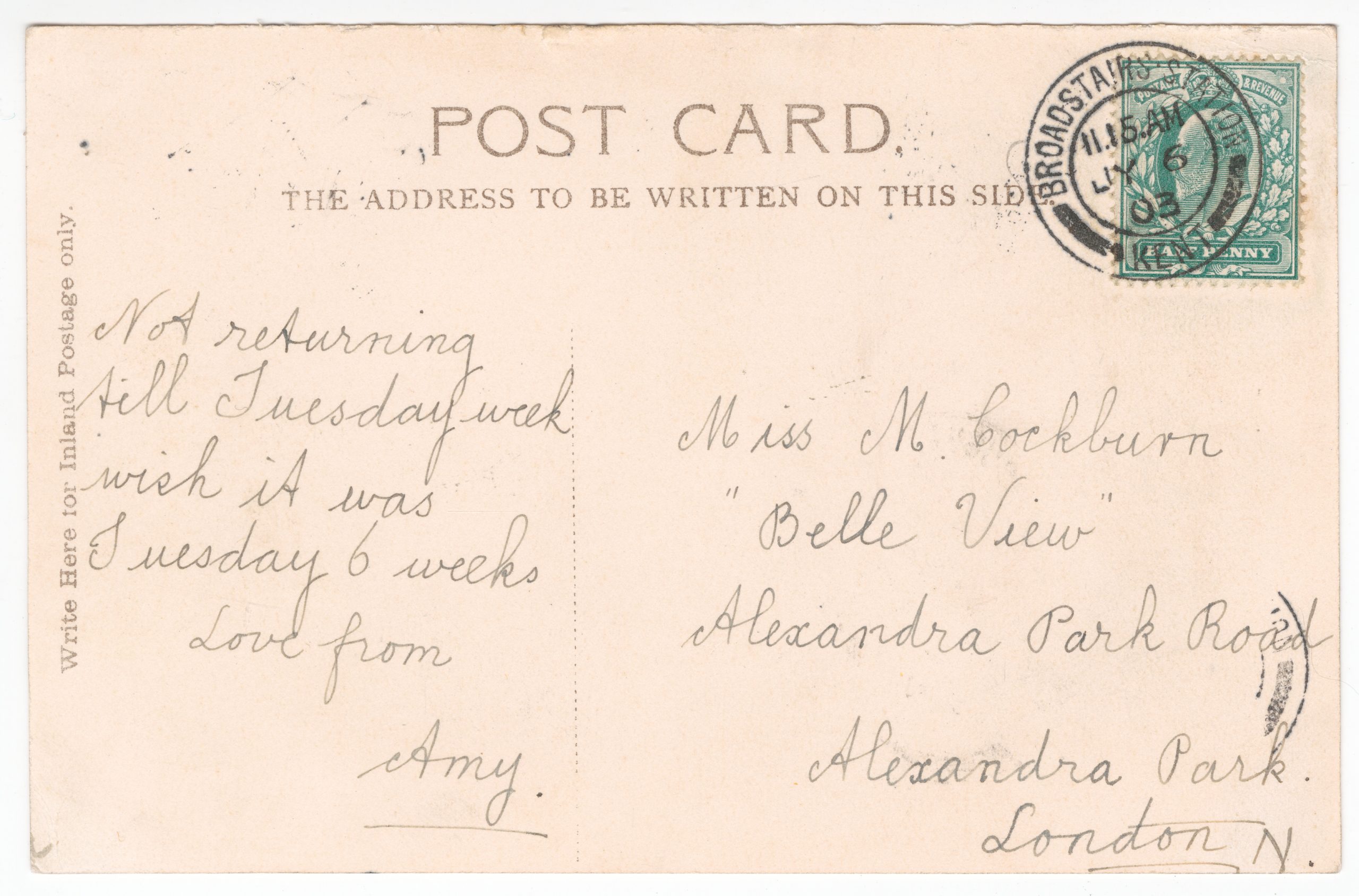 Handwritten postcard message with stamp cancelled from Broadstairs Station. 