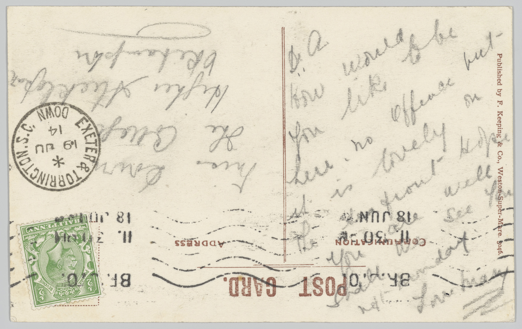 Reverse of the postcard with a hand written message upside down from the address. 